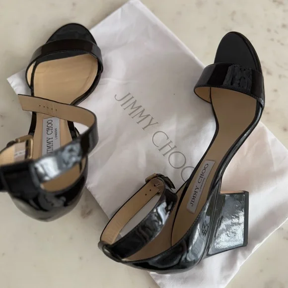 JIMMY CHOO Black patent leather low wedge heel sandals ankle strap